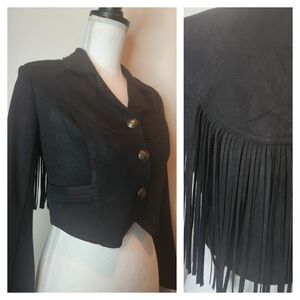 Unique Vintage Western Wear Black Fringe Faux Suede Crop Jacket | Size 4 Small S